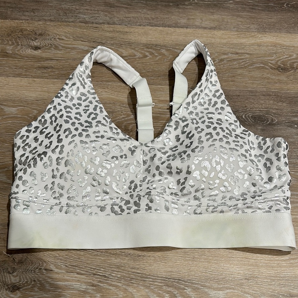 Fabletics White Silver Leopard Print Sports Bra